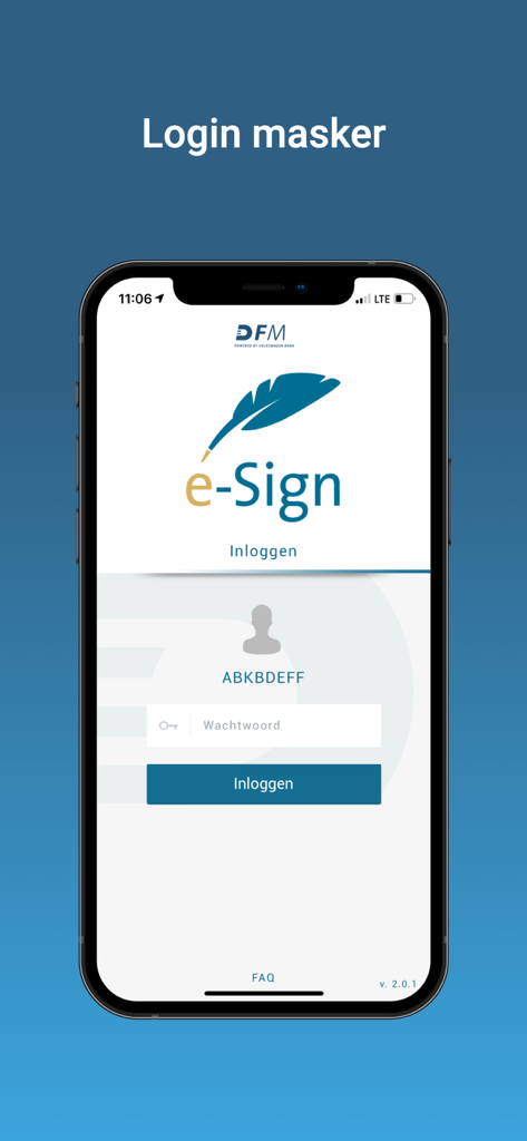 DFM e-Sign App-Anmeldebildschirm für sichere Finanzautorisierungen