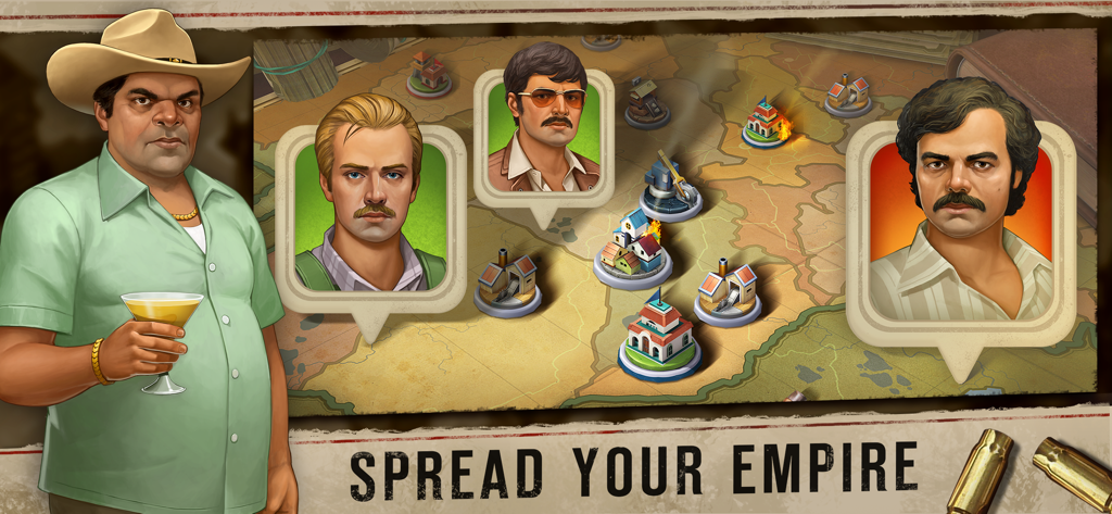 Vue de la carte stratégique dans Narcos Cartel Wars avec des personnages comme El Patron et des bâtiments pour l'expansion de l'empire.