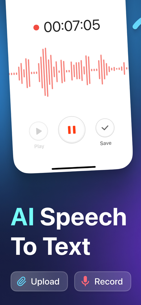 AI Transcribe: Voice to Text ⋆ - Interface of the AI Transcribe app showing an active voice recording with an audio waveform and record and upload buttons.