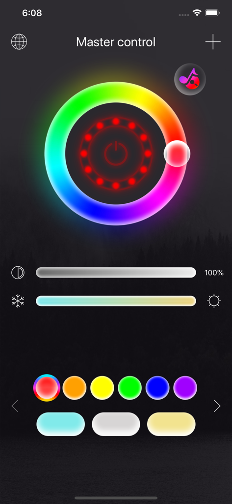 The iStrip Plus app master control screen featuring a circular color picker and brightness sliders for smart lighting