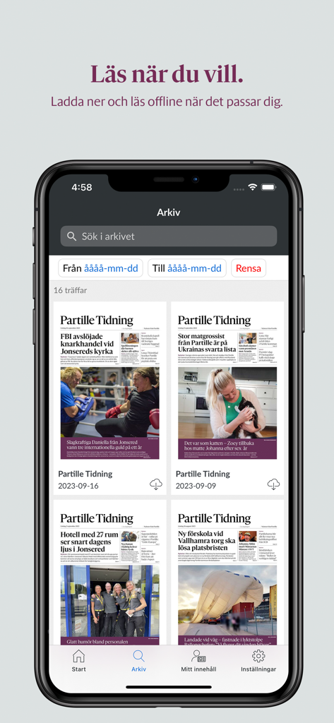 Archivseite der Partille Tidning E-Paper-App mit einer Sammlung digitaler Zeitungsauflagen, die zum Download verfügbar sind.
