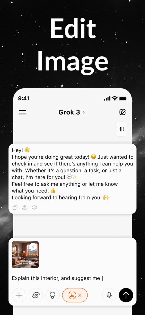 AI Chat Bot - Ask AI Universe - AI Chat Bot Ask AI Universe app interface showing image analysis and interior design suggestions using Grok 3