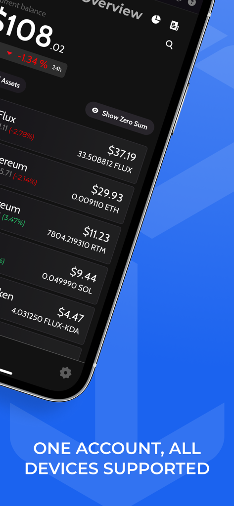 ZelCore - Interfaz de la aplicación ZelCore mostrando un portafolio de criptomonedas con mensajes de soporte multi-dispositivo