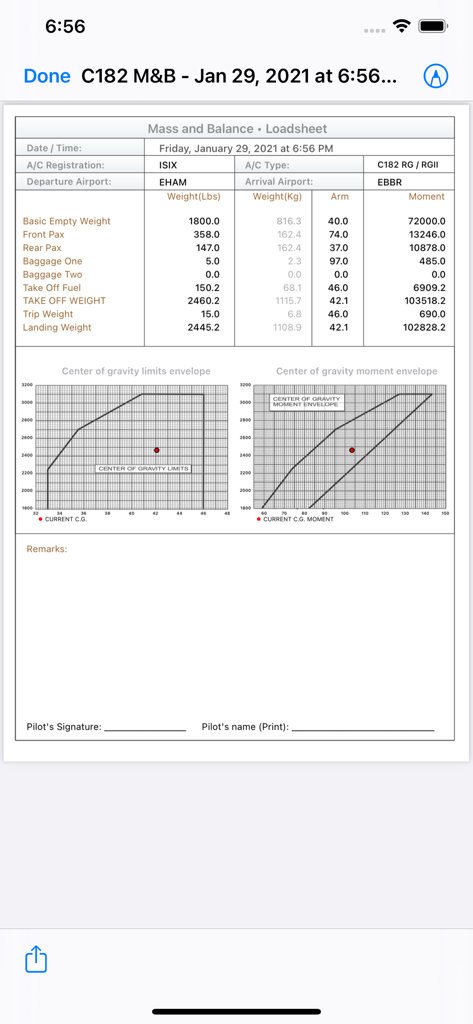 C182 M&B mobile - A professional aviation loadsheet for a Cessna 182 showing mass and balance calculations with center of gravity limit charts.