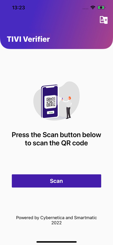 TIVI Verifier - Tela inicial do aplicativo TIVI Verifier com um botão Escanear e instruções para escanear um código QR para verificação do voto.