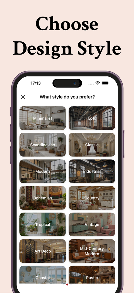 Uma interface de smartphone mostrando uma grade de estilos de design de interiores como Minimalista, Escandinavo e Moderno dentro do aplicativo Interior Design Ai Decorator