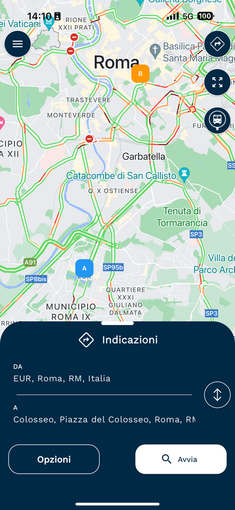 The Astral Infomobilità app displaying a real-time traffic map of Rome and a route planner interface for directions to the Colosseum.