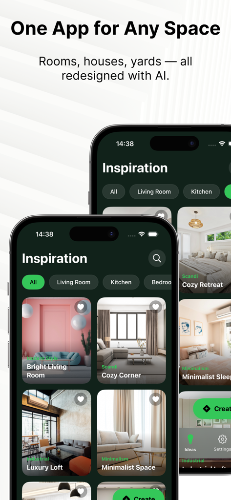 Renova AI app interface displaying a gallery of diverse room redesign ideas and interior styles