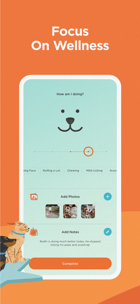 Une interface d'application mobile intitulée Focus On Wellness montrant un suivi de la santé des animaux avec un curseur d'humeur, des étiquettes de symptômes, des téléchargements de photos et des notes de progression.
