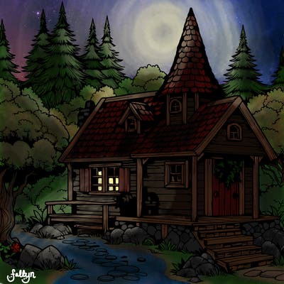 realistic witches cabin in a forest