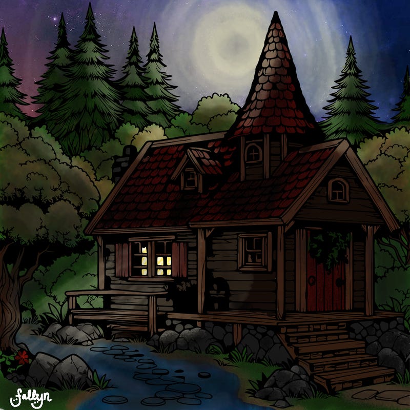 realistic witches cabin in a forest