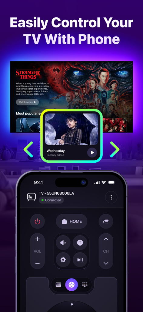 Total TV: Universal Remote - Interfaz de la aplicación Total TV en la pantalla de un iPhone controlando un smart TV