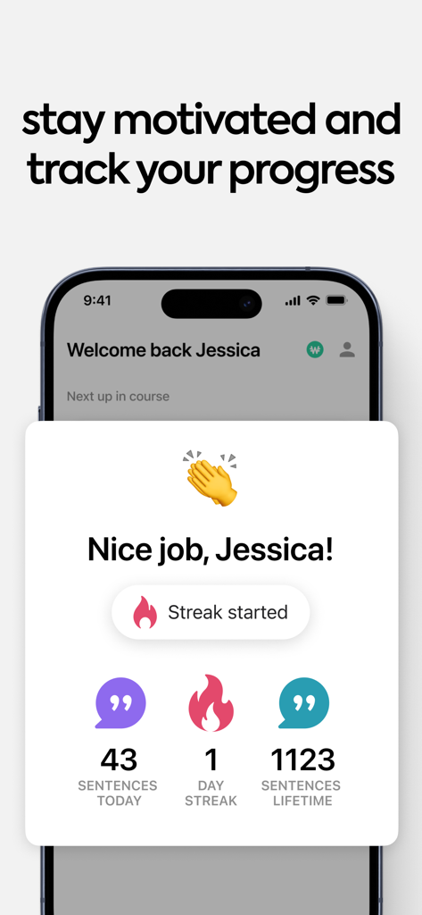 Speak App-Oberfläche, die die Fortschrittsverfolgung mit täglichen Satzanzahlen und einer Benachrichtigung über die Tagesreihe anzeigt