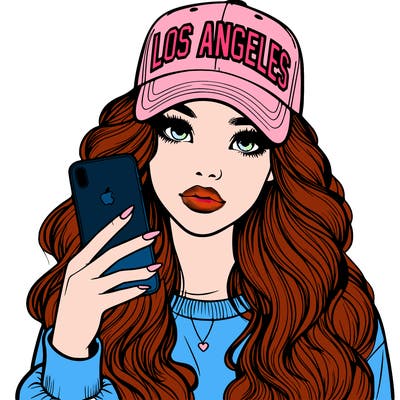 realistic beautiful girl wearing los ángeles cap holding an iphone