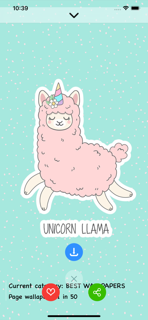Cute Animals Wallpapers - A pink kawaii unicorn llama illustration on a mint green polka dot background.