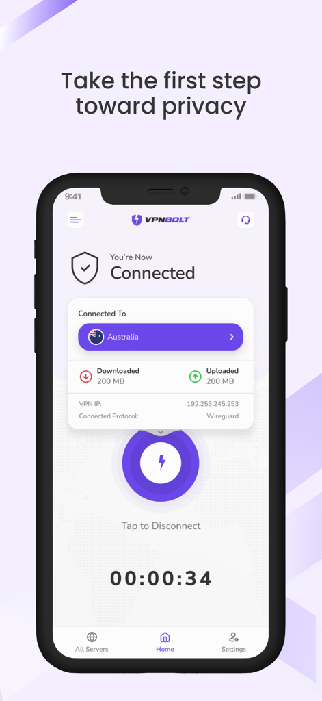 VPNBolt - VPNBolt app screen showing a secure connection to a server in Australia