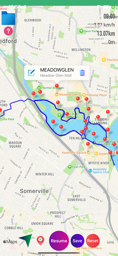 Map view in GPX Viewer app showing a blue tracking line and red waypoint markers