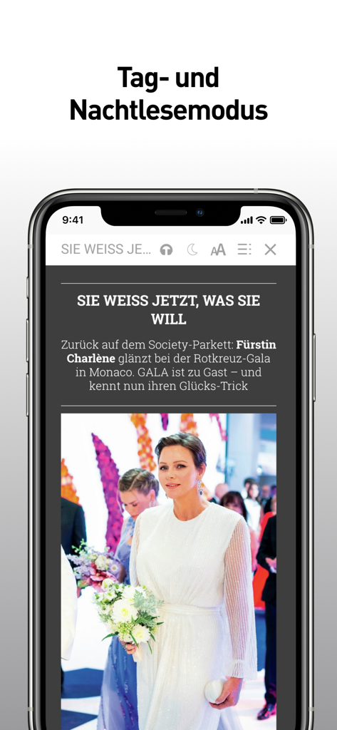 GALA Magazin - Smartphone-Bildschirm, der den GALA Magazin App-Artikel im Nachtlesemodus mit Prinzessin Charlene zeigt.