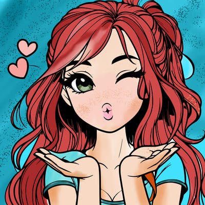 realistic girl winking and blowing a kiss while making heart hands