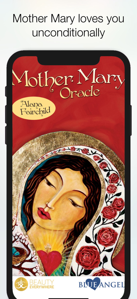 Startbildschirm der Mutter Maria Orakel App mit einer wunderschönen Illustration der Mutter Maria und roten Rosen