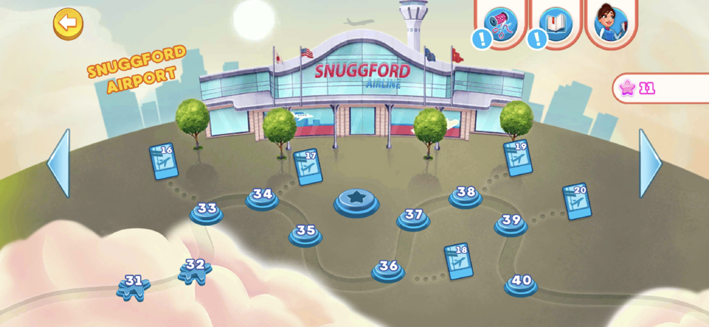Level selection map screen showing Snuggford Airport in Ambers Airline 7 Wonders game