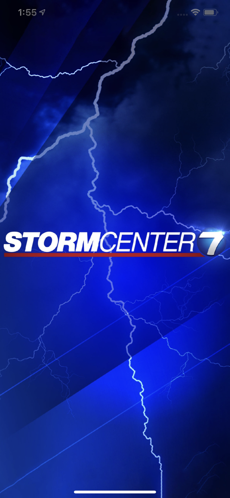 The WHIO Weather app splash screen featuring the Storm Center 7 logo against a blue background with lightning bolts.