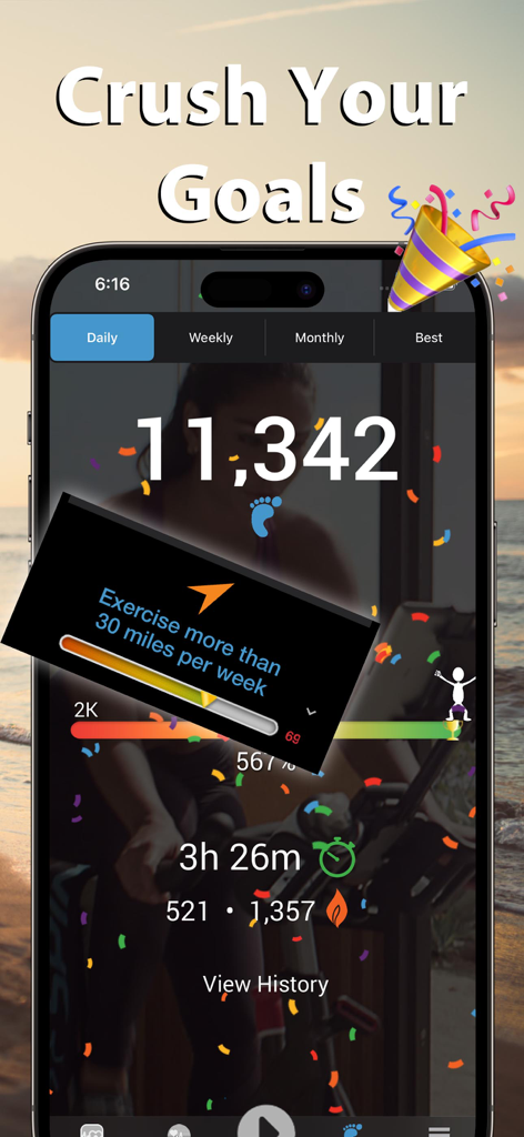 iRunner Run & Jog Tracker - Pantalla de la aplicación iRunner que muestra el logro de objetivos de fitness con métricas totales de pasos, duración y calorías quemadas