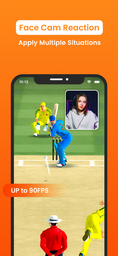 Interfaz de aplicación de grabación de pantalla que muestra un juego de cricket con una superposición de FaceCam en imagen dentro de imagen para reacciones de jugadores