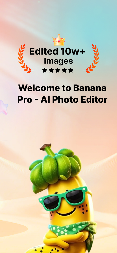 Pantalla de bienvenida de Banana Pro AI Photo Editor con un elegante personaje de plátano de dibujos animados con gafas de sol