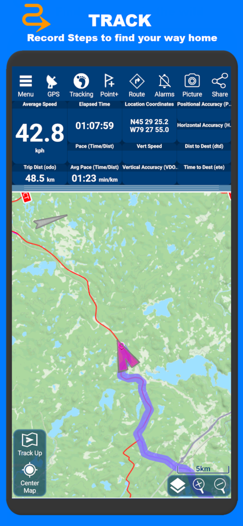 PathAway mobile app screen showing real time GPS tracking data including speed distance and coordinates over a topographic map