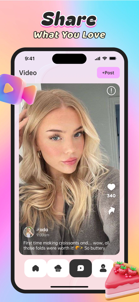 Coco：Adult & Video，Sweet Chat - A user sharing a video about baking croissants on the Coco app interface