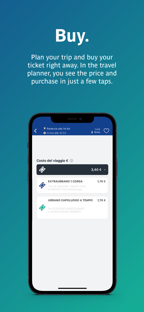 Mobile app screen showing bus ticket purchasing options for Tuscany travel