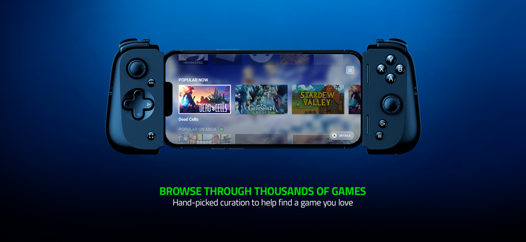 Un smartphone en un mando Razer Kishi mostrando un catálogo curado de juegos móviles como Dead Cells y Genshin Impact en la aplicación Razer Nexus