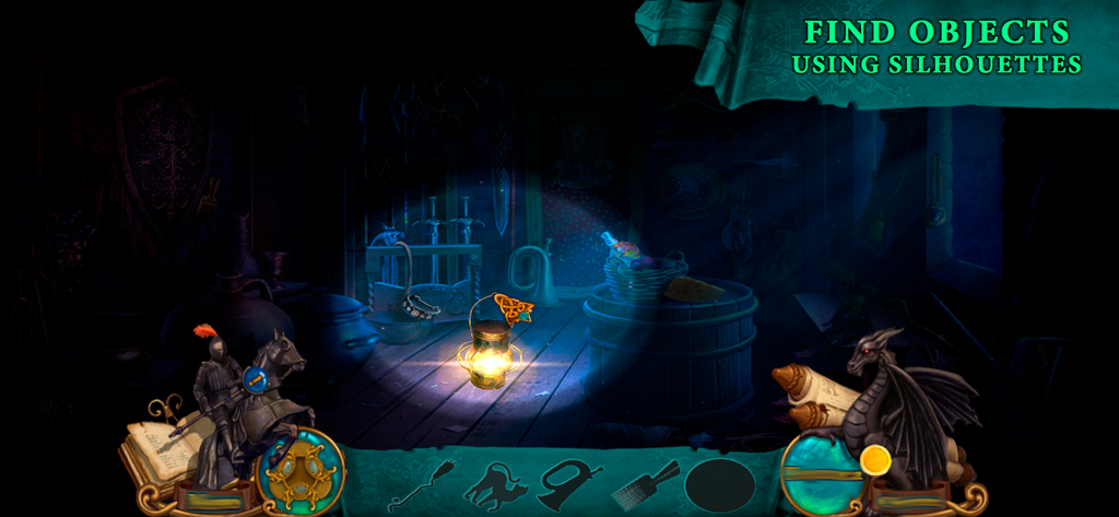 Gameplay screen of Camelot 2 showing a hidden object challenge using silhouettes in a dimly lit fantasy room.