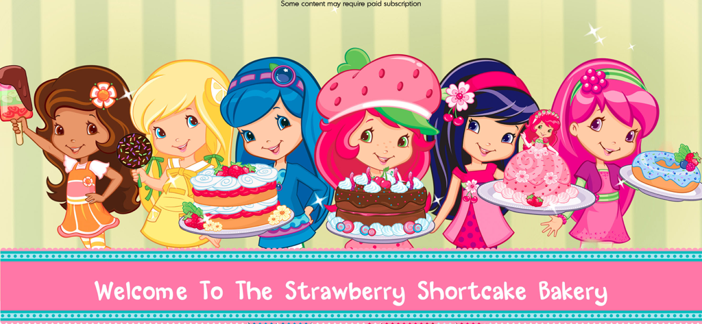 Strawberry Shortcake Bake Shop - Strawberry Shortcake e le sue amiche che tengono in mano varie torte e dessert colorati nella pasticceria.
