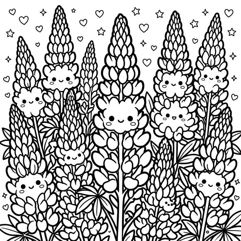 Step into a whimsical garden filled with the cuteness of kawaii lupines. This delightful coloring page promises hours of relaxing, creative fun for all ages.