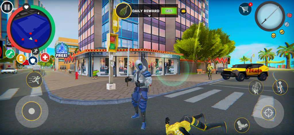 Rope Hero: Mafia City Wars - A superhero character in a custom outfit standing on a city street with a sword in Rope Hero Mafia City Wars.