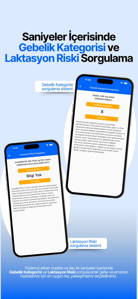 Vizite app interface displaying medication safety categories for pregnancy and lactation