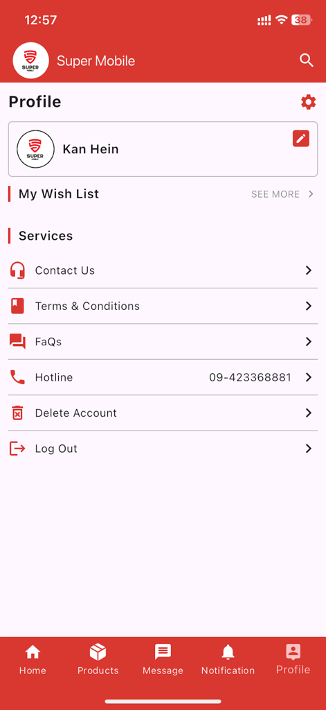 Supermobile Chat - User profile interface of the Supermobile Chat app showing account settings and service options.