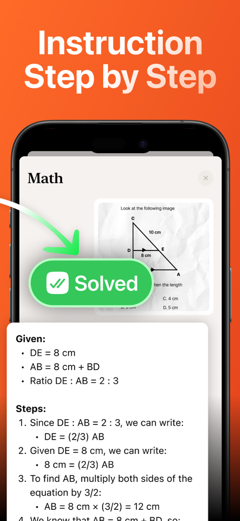 AI Solver app showing a step by step geometry solution with diagrams and calculations