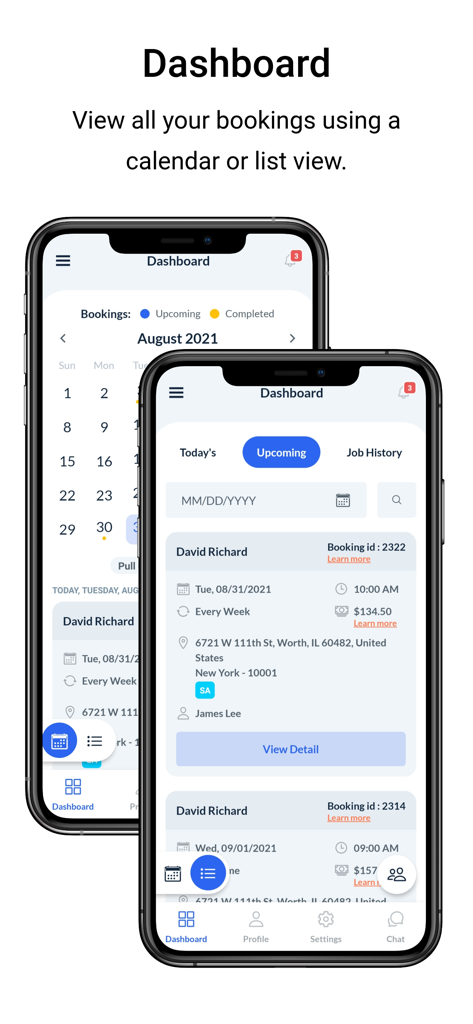 Dashboard-Ansicht der mobilen App BookingKoala For Providers mit geplanten Jobs im Kalender- und Listenformat