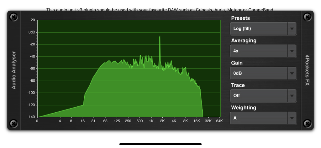 Interface of the Analyser and Tuner AUv3 Plugin featuring a green frequency spectrum graph.
