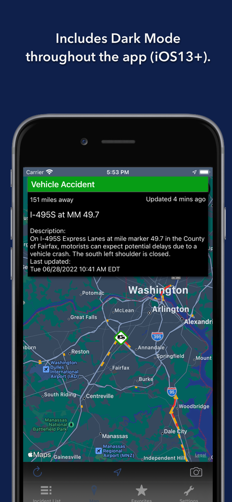 Map view of the Virginia State Roads app displaying a traffic accident alert in dark mode