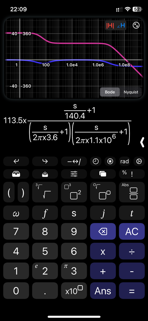 Bode Plot Calculator app showing a transfer function and frequency response graph