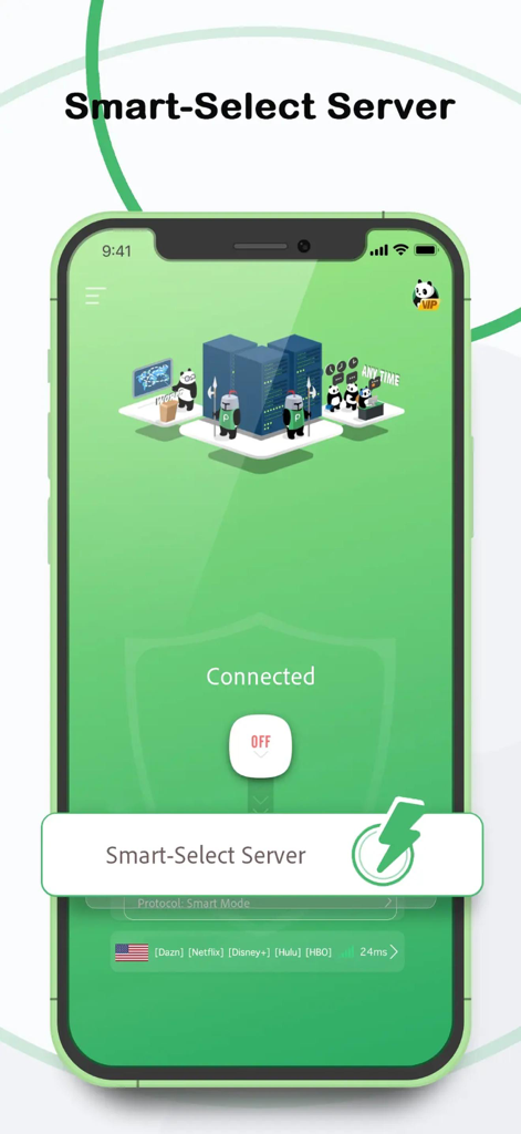 Pantalla de la aplicación PandaVPN mostrando la selección inteligente de servidor y el estado de conexión