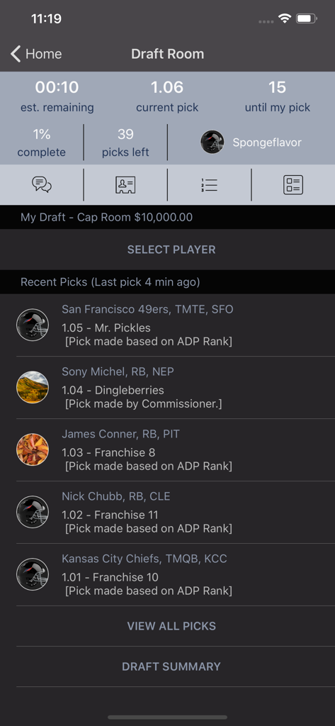 MFL Platinum app draft room displaying recent fantasy football player picks