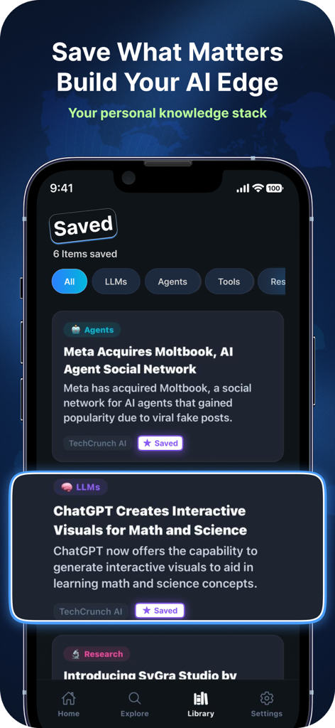 Prism: AI News Digest - Interface de l'application Prism AI News montrant la section bibliothèque avec des articles de presse sauvegardés classés par sujets d'IA comme les LLM et les agents