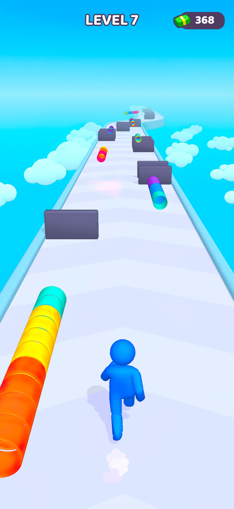 Personaje de stickman azul corriendo y recogiendo capas de muelle coloridas en una pista en el cielo