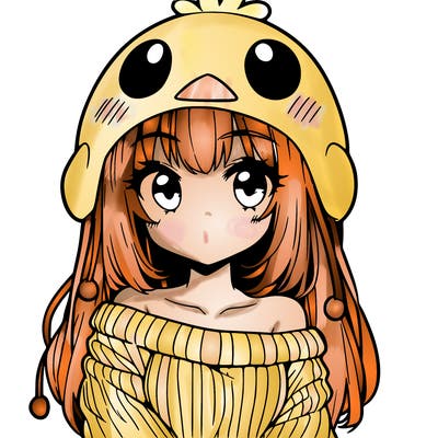 anime girl with chick shaped hat with sweater with bare shoulders with bangs covering them one eye with low tail