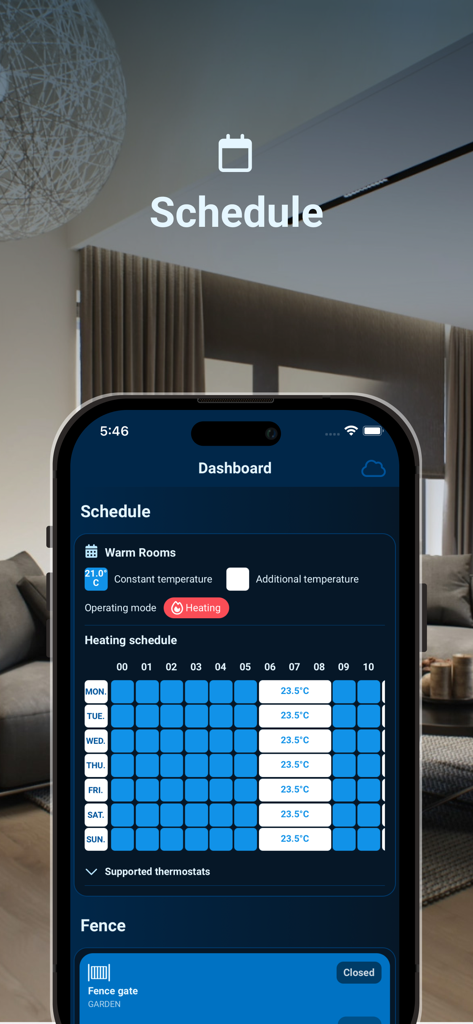 Sinum - Painel do aplicativo Sinum mostrando uma grade de programação de aquecimento semanal e status de controle de portão inteligente
